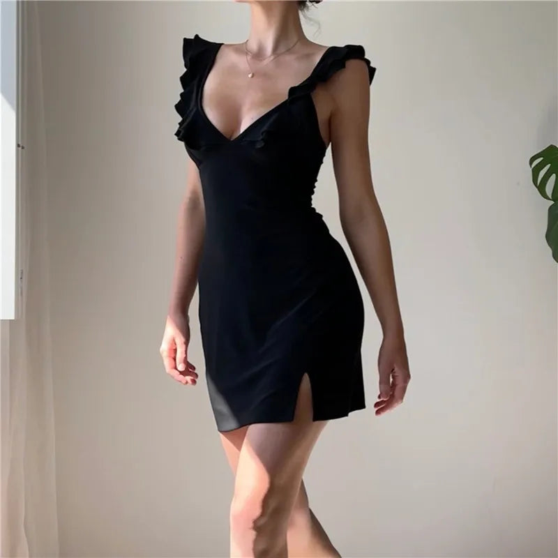 WhereMery Fashion Women Backless Sleeveless V-Neck Dress Elegant Ruffle Split Mini Summer 2024 Slim Party Clubwear Sexy Vestidos - TrendHavenCo