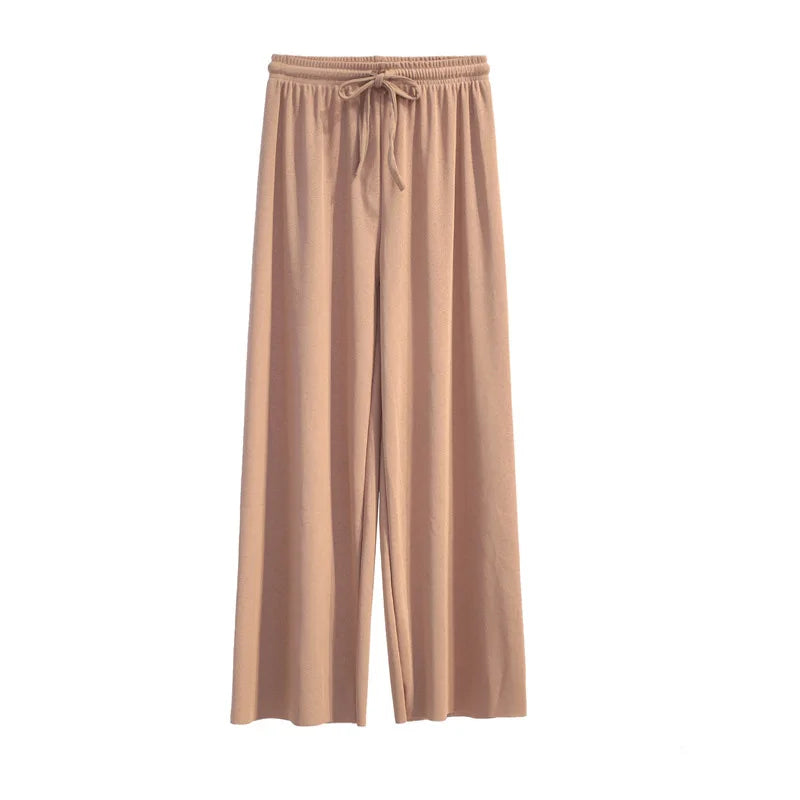 Women Ankle-Length Wide Leg Pants Casual Summer Solid Elastic Waist Loose Ice Silk Pants Spring Summer Female Trousers - TrendHavenCo