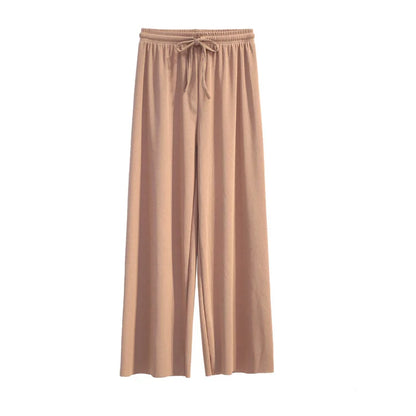Women Ankle-Length Wide Leg Pants Casual Summer Solid Elastic Waist Loose Ice Silk Pants Spring Summer Female Trousers - TrendHavenCo