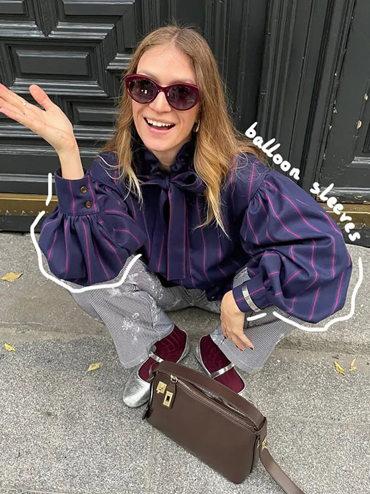 Striped Women Casual Lace Up Blouse Fashion O Neck Long Sleeve Single-breasted Loose Shirt 2025 Spring New Female Commuting Tops - TrendHavenCo