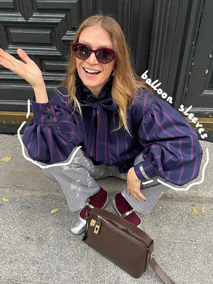 Striped Women Casual Lace Up Blouse Fashion O Neck Long Sleeve Single-breasted Loose Shirt 2025 Spring New Female Commuting Tops - TrendHavenCo
