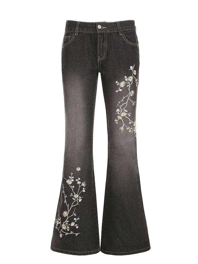 Weekeep Floral Embroidery Jeans Vintage 2000s Low Rise Flared Jeans Women Retro y2k Baggy Denim Pants High Street Basic Trousers - TrendHavenCo