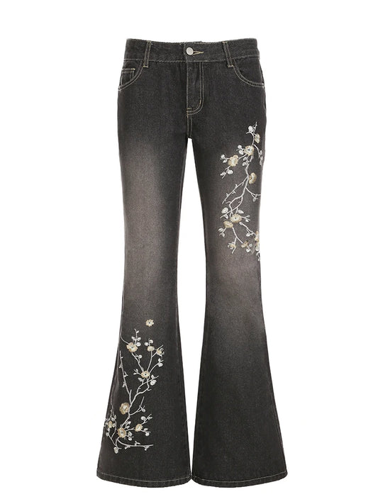 Weekeep Floral Embroidery Jeans Vintage 2000s Low Rise Flared Jeans Women Retro y2k Baggy Denim Pants High Street Basic Trousers - TrendHavenCo