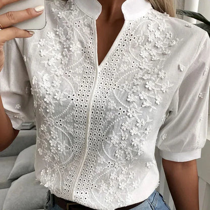 Nancy | Cotton Tops Floral Embroidery Lace Blouse - TrendHavenCo