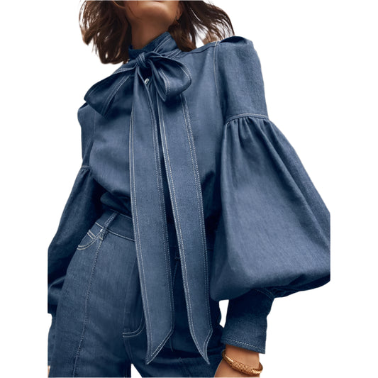 Elaine | Long Puff Sleeves Bow-Embellished Shirts