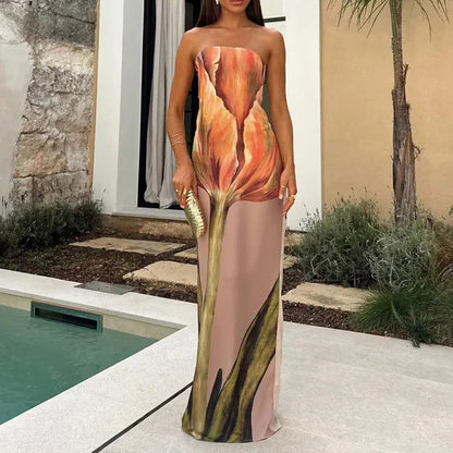 Rory | Sexy Strapless Backless Printed Long Dress