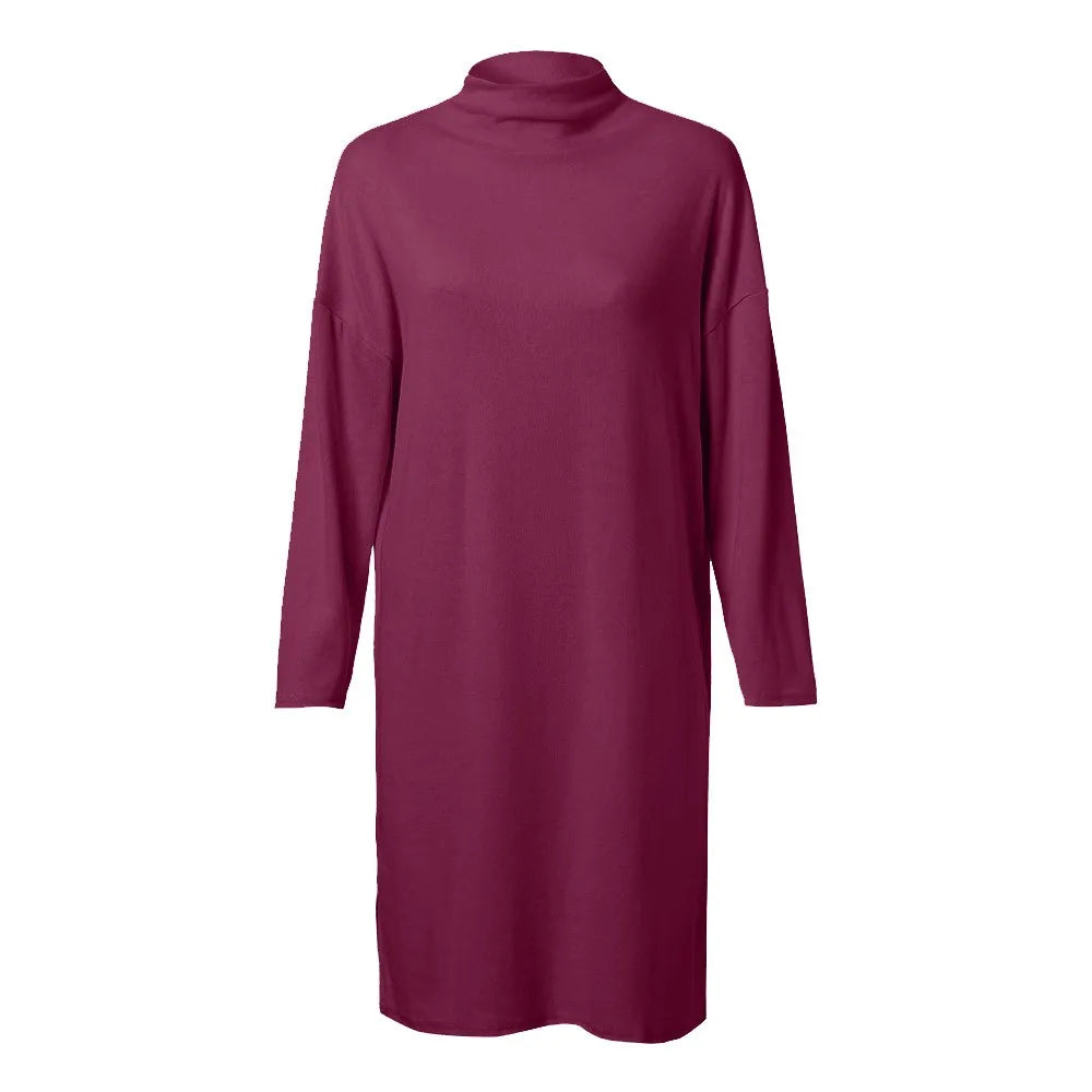 2024 Women Casual Turtleneck Long Sleeve Sexy Mini Dress Solid Color Loose Evening Party Dresses Elegant Glamorous Daily Costume - TrendHavenCo