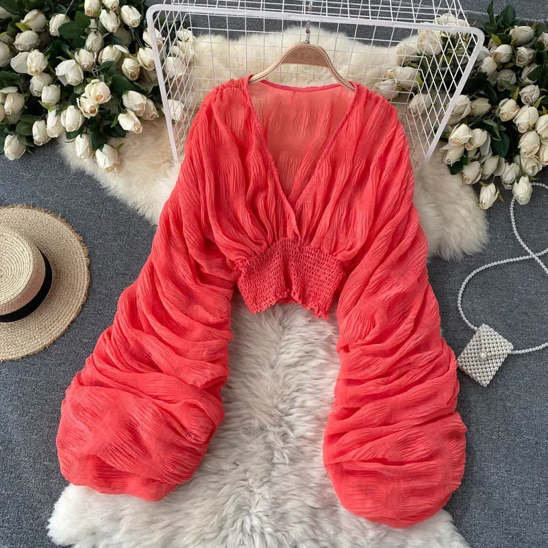 Theresa | V Neck Full Puff Sleeve Blouse Shirts - TrendHavenCo