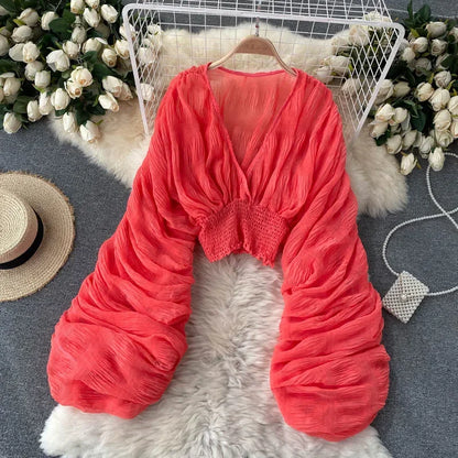 Theresa | V Neck Full Puff Sleeve Blouse Shirts - TrendHavenCo