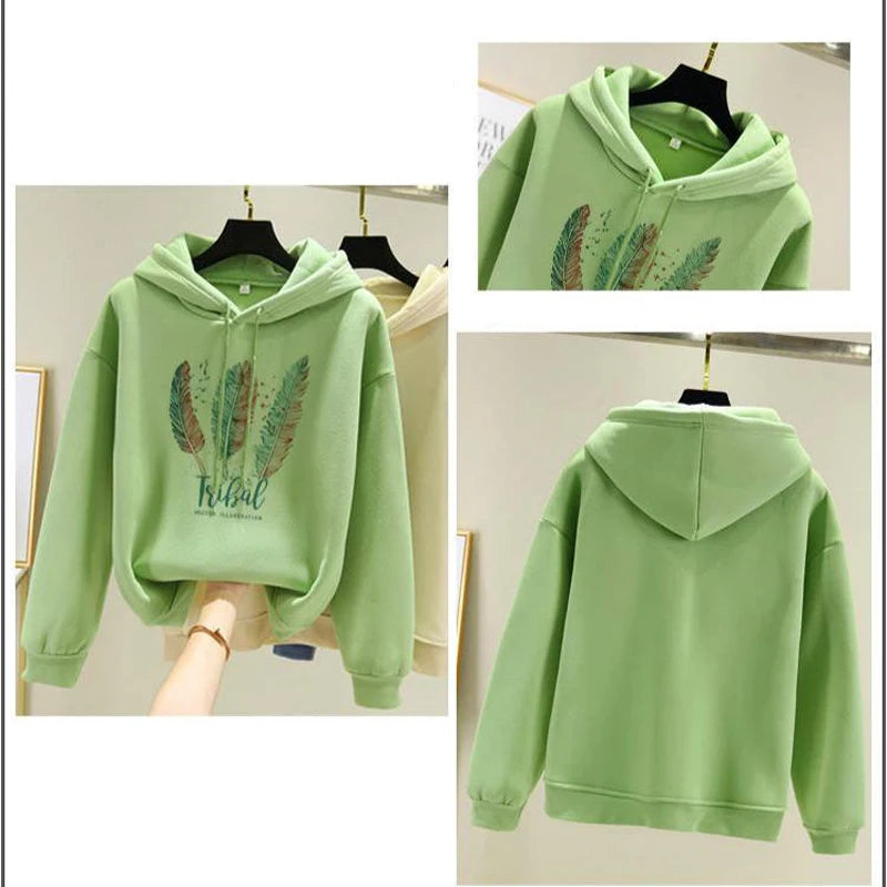 Arya | Feather Printed Hoodies Loose Sweatshirt