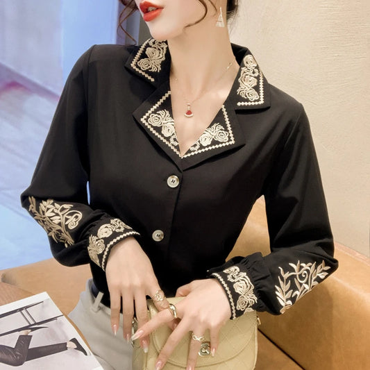 Mae | Chiffon Women's Blouse Embroidery Shirt - TrendHavenCo