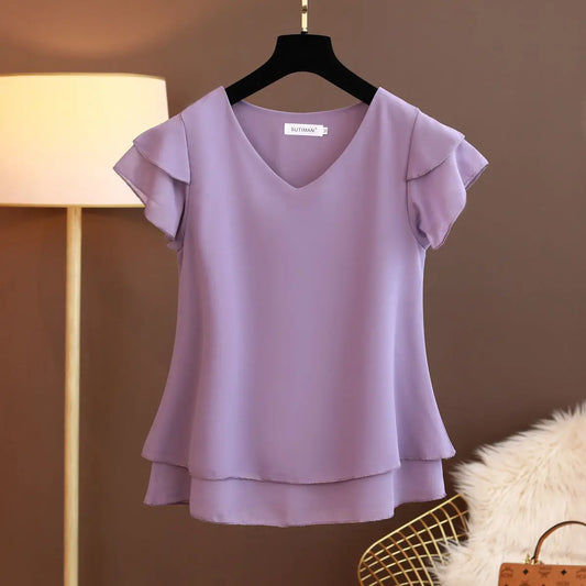 Anne | V-Neck Chiffon Shirt - TrendHavenCo
