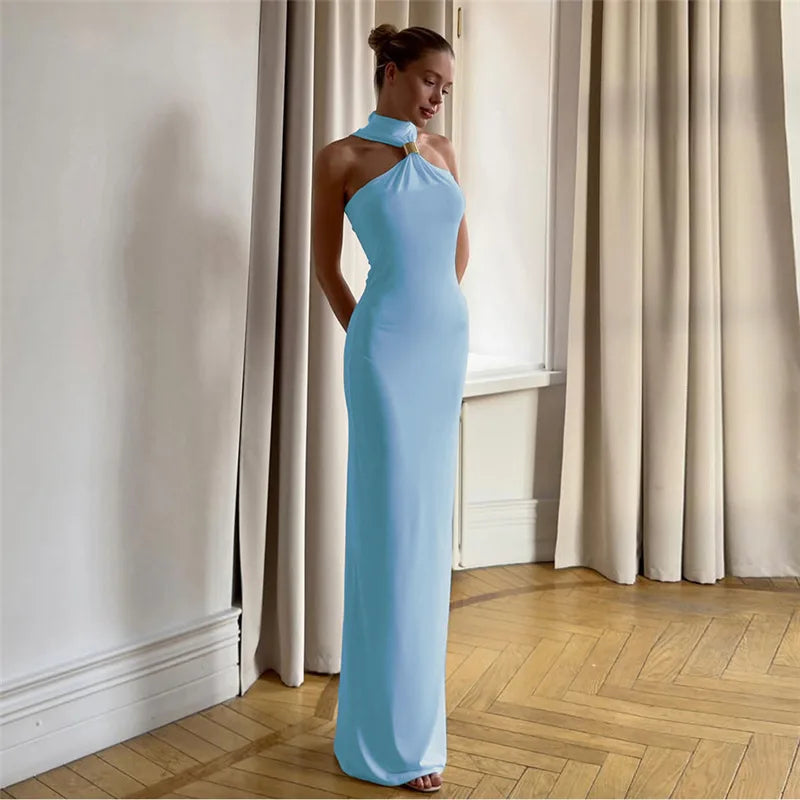 Elegant Metal Ring Turtleneck Maxi Dress for Women Sexy Off Shoulder Sleeveless Holidays Party Dress Summer Bodycon Dress 2025 - TrendHavenCo