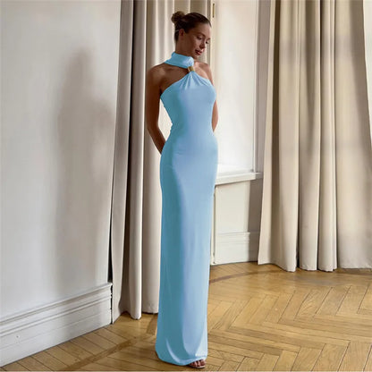 Elegant Metal Ring Turtleneck Maxi Dress for Women Sexy Off Shoulder Sleeveless Holidays Party Dress Summer Bodycon Dress 2025 - TrendHavenCo
