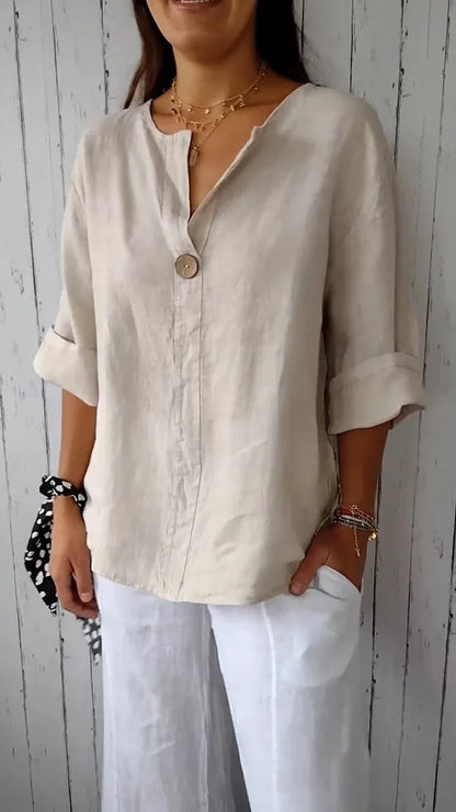 Aliyah | Women's Loose Shirt V-neck Button Top - TrendHavenCo
