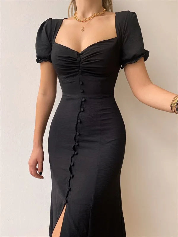 Camille | Short Sleeve Single-breasted Midi Dress