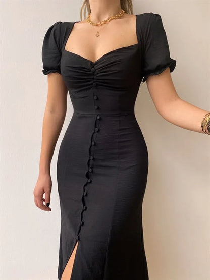 Camille | Short Sleeve Single-breasted Midi Dress