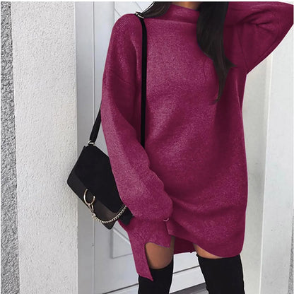 2024 Women Casual Turtleneck Long Sleeve Sexy Mini Dress Solid Color Loose Evening Party Dresses Elegant Glamorous Daily Costume - TrendHavenCo