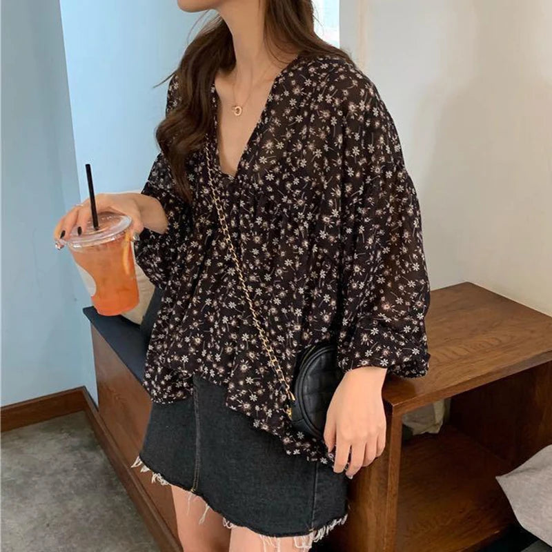 Sul | Loose Print Chiffon Blouse - TrendHavenCo
