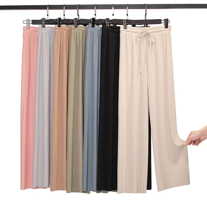 Women Ankle-Length Wide Leg Pants Casual Summer Solid Elastic Waist Loose Ice Silk Pants Spring Summer Female Trousers - TrendHavenCo