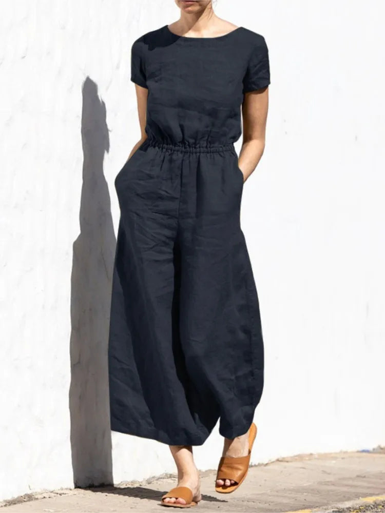 Jazlyn | O Neck Short Sleeve High Waist Wide Leg Pants