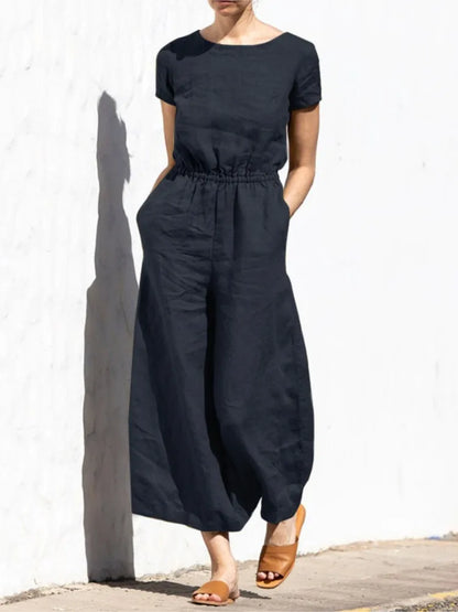 Jazlyn | O Neck Short Sleeve High Waist Wide Leg Pants