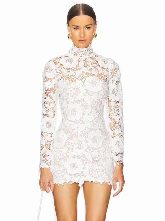 Lucy | Sexy Turtleneck Long Sleeve Lace Flower Mini Dress - TrendHavenCo
