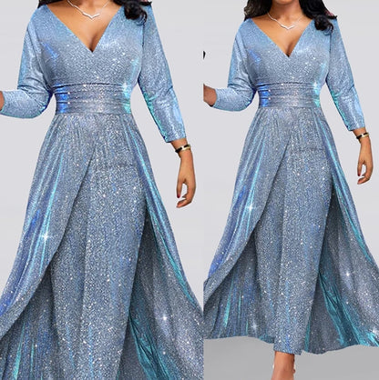Estella | Sequin Large Skirt V-Neck Long Jumpsuits