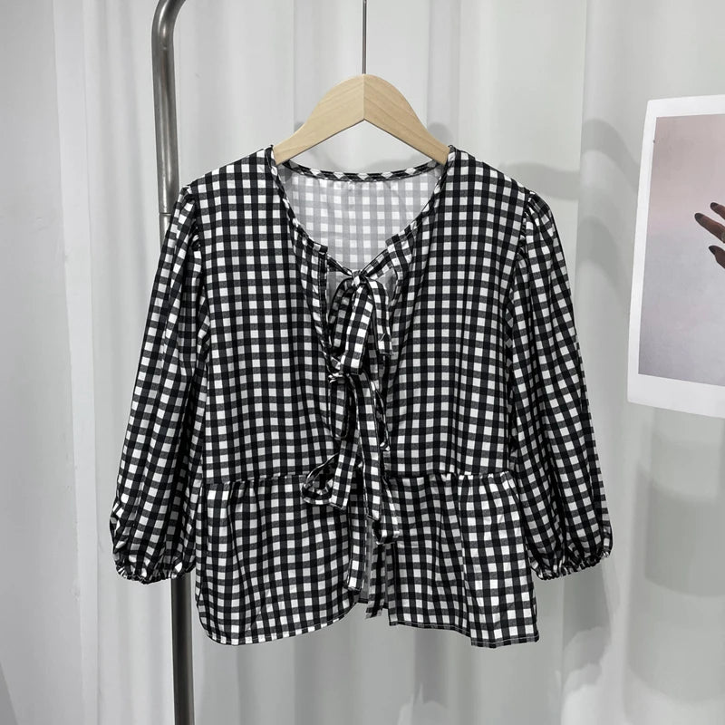 Eummie | Elegant Stripe Bow Lace Up Blouse - TrendHavenCo