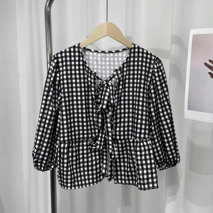 Eummie | Elegant Stripe Bow Lace Up Blouse - TrendHavenCo
