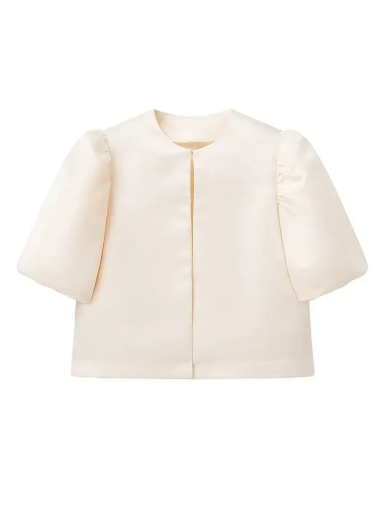 Women's Elegant Solid O-neck Satin Short Shirt Fashion Hidden Buttons Puff Half Sleeved Loose Tops New 2025 Ladies Chic Clothing - TrendHavenCo