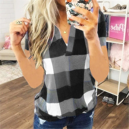 Maria | Short Sleeve Shirt V Neck Plaid Shirts - TrendHavenCo