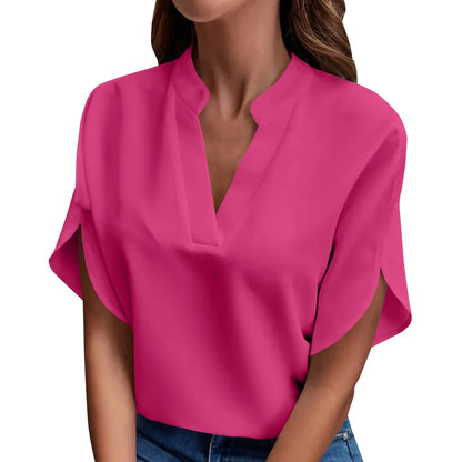 Willa | Short Sleeve Solid V Neck Loose Shirts