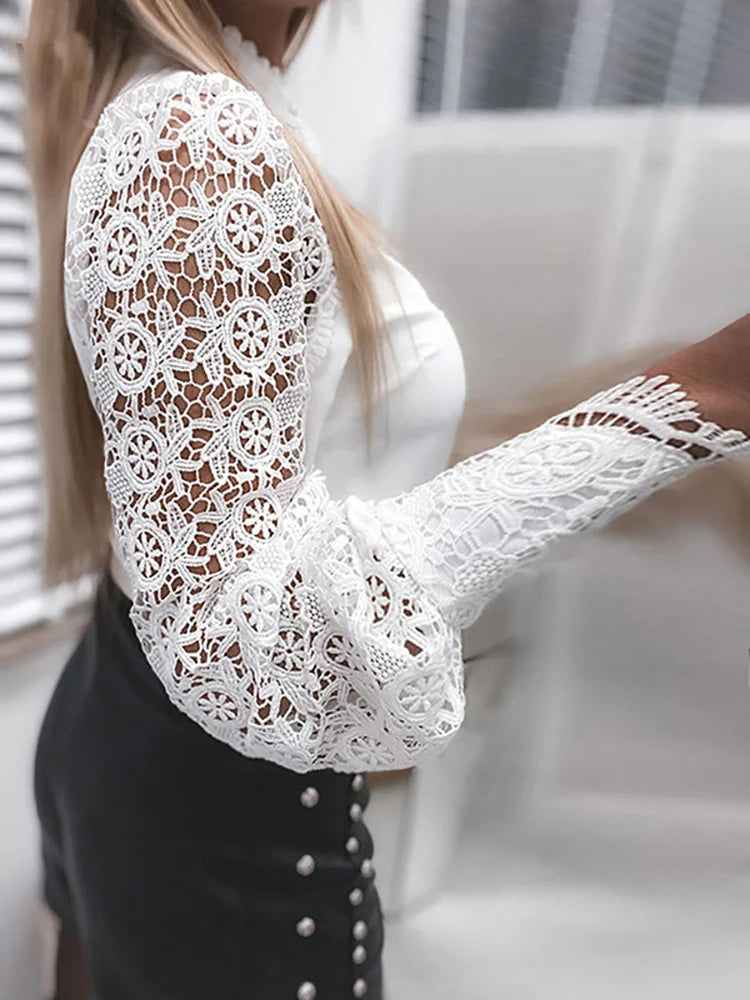 Wynter | White Collared Lace Patchwork Hollow Out Tops
