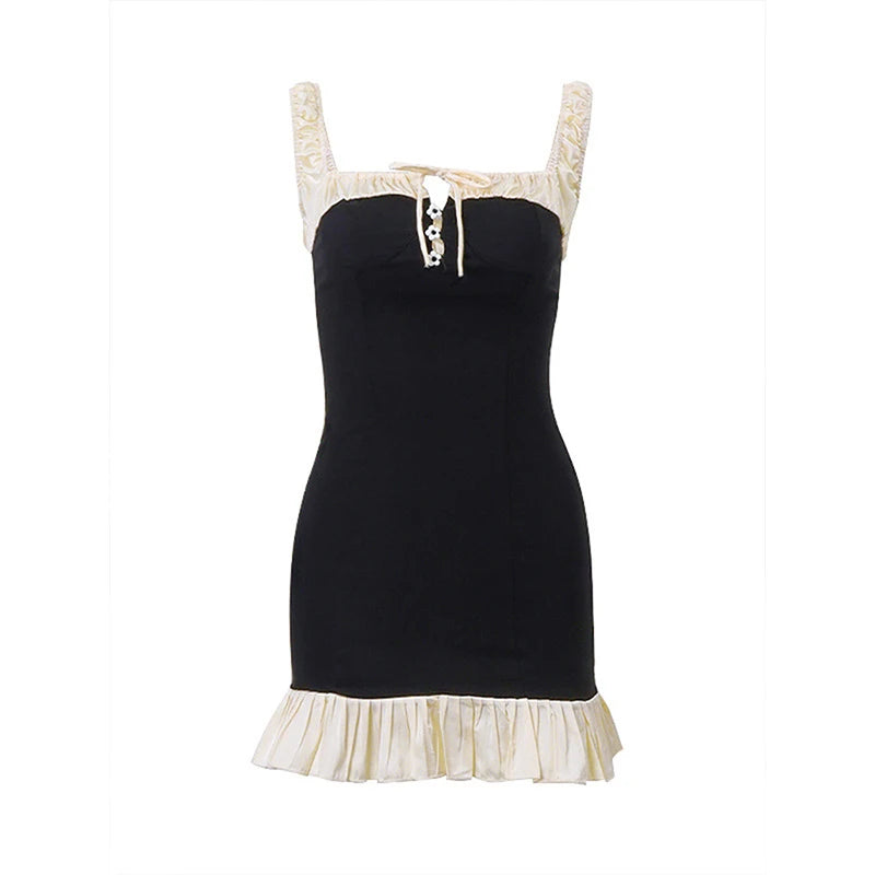 Sexy Mini Dress Women Summer Black Sleeveless Backless Bodycon Fashion Button Lace-up Tank Dress Casual Club Elegant Party Dress - TrendHavenCo