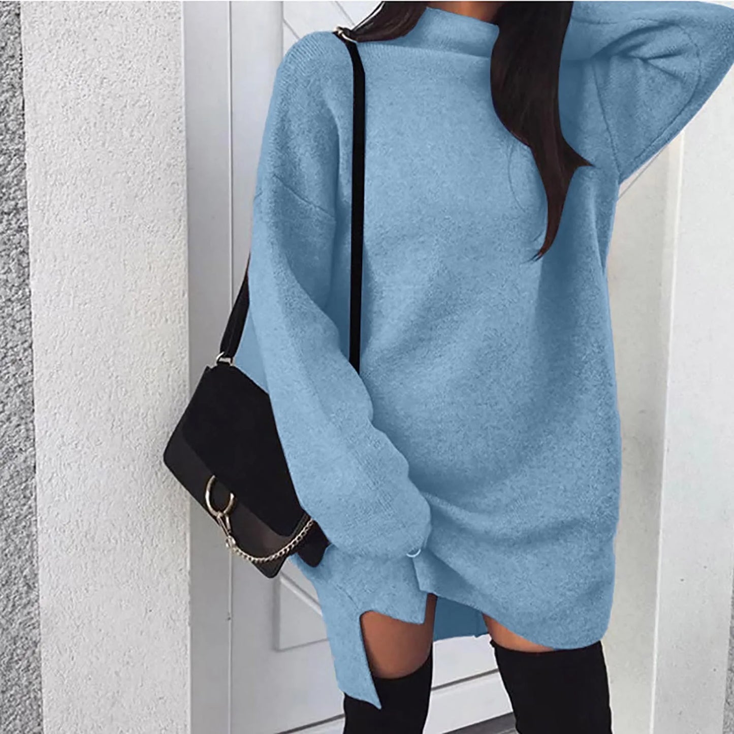 2024 Women Casual Turtleneck Long Sleeve Sexy Mini Dress Solid Color Loose Evening Party Dresses Elegant Glamorous Daily Costume - TrendHavenCo