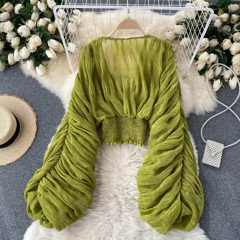 Theresa | V Neck Full Puff Sleeve Blouse Shirts - TrendHavenCo
