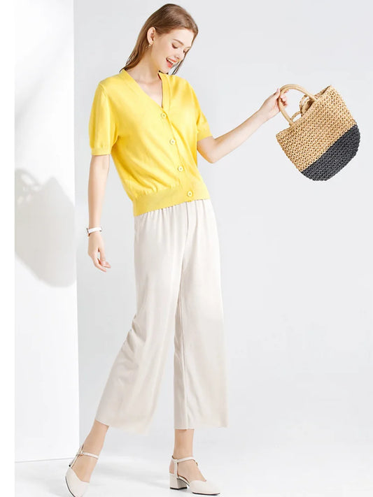 Women Ankle-Length Wide Leg Pants Casual Summer Solid Elastic Waist Loose Ice Silk Pants Spring Summer Female Trousers - TrendHavenCo