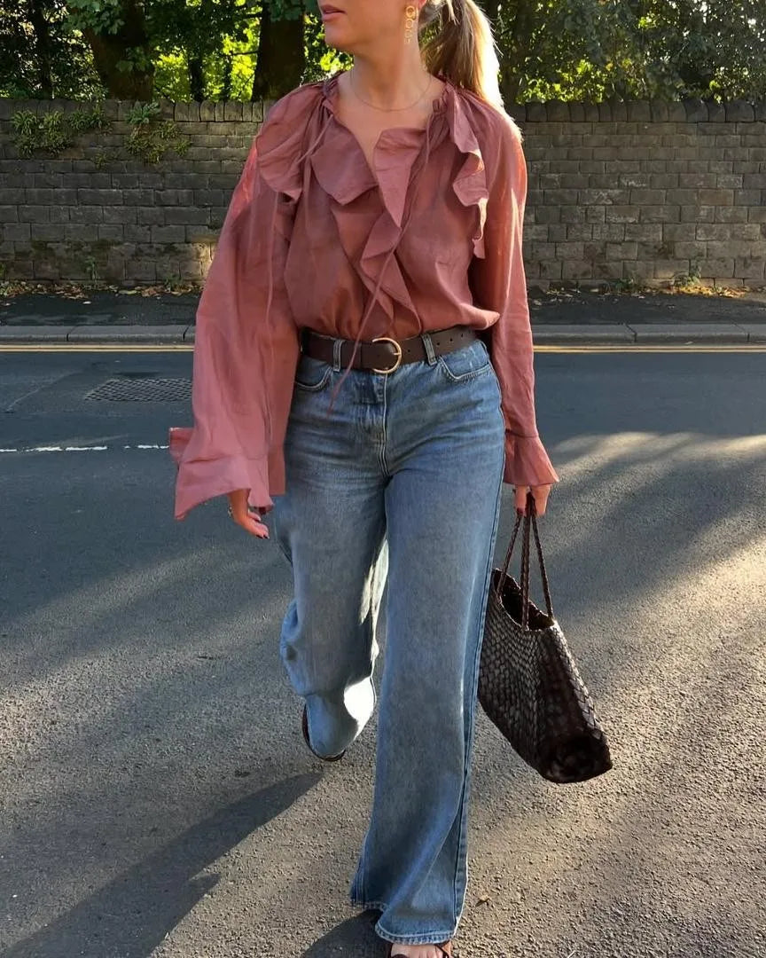 Aleyah | Wine Red Lace Up Ruffles Chiffon Blouse - TrendHavenCo