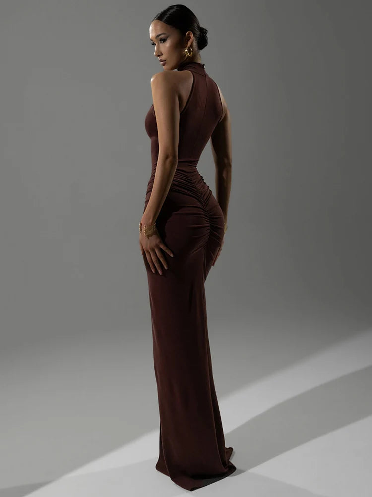 Adelina | Halter Ruched Sleeveless Sexy Maxi Dress