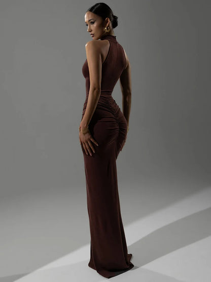 Adelina | Halter Ruched Sleeveless Sexy Maxi Dress