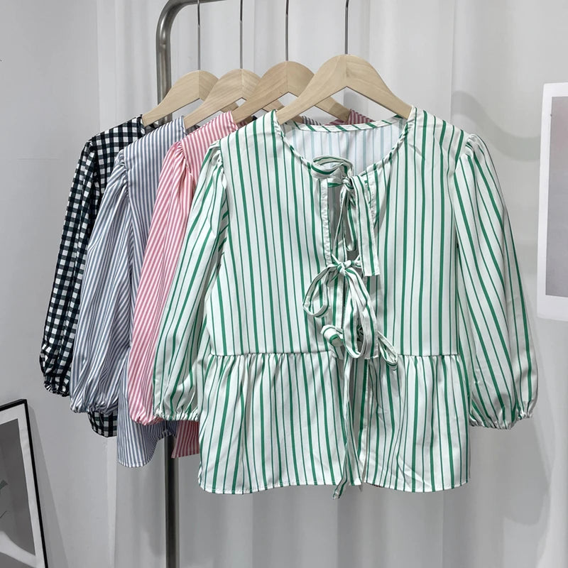 Eummie | Elegant Stripe Bow Lace Up Blouse - TrendHavenCo