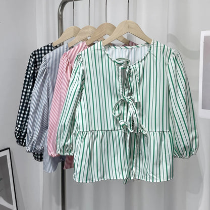 Eummie | Elegant Stripe Bow Lace Up Blouse - TrendHavenCo
