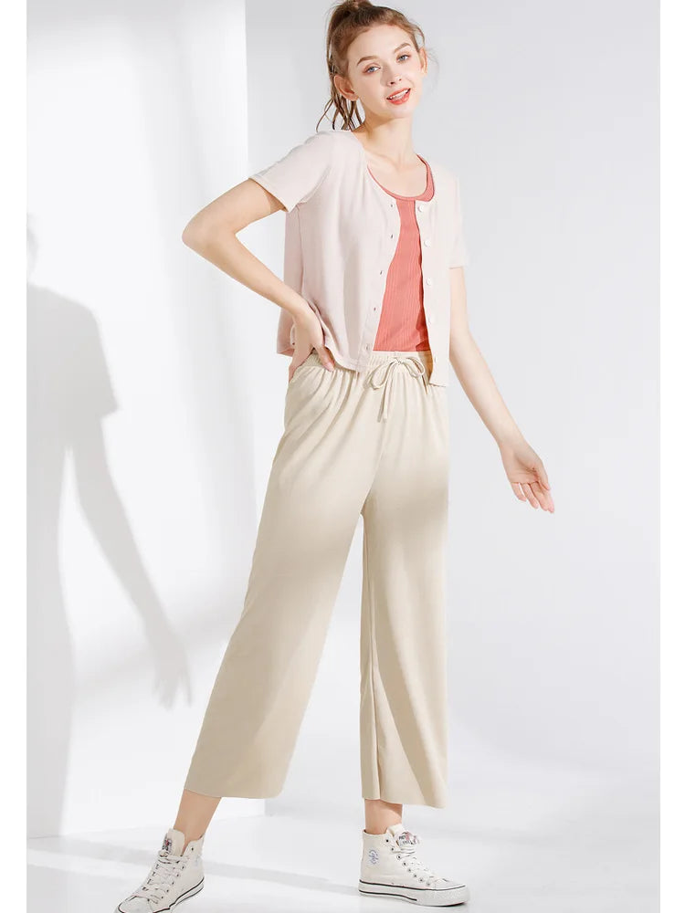Women Ankle-Length Wide Leg Pants Casual Summer Solid Elastic Waist Loose Ice Silk Pants Spring Summer Female Trousers - TrendHavenCo