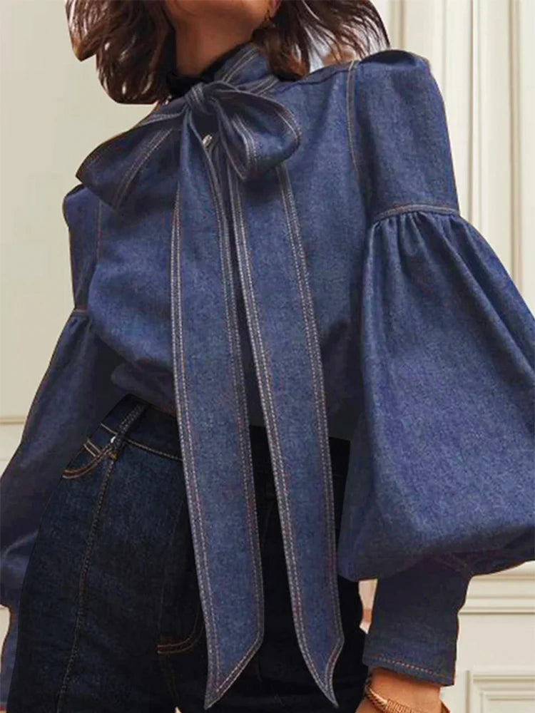 Elaine | Long Puff Sleeves Bow-Embellished Shirts