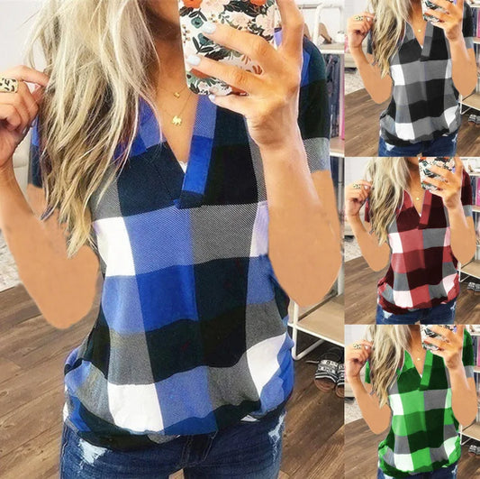 Maria | Short Sleeve Shirt V Neck Plaid Shirts - TrendHavenCo