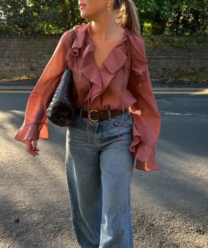 Aleyah | Wine Red Lace Up Ruffles Chiffon Blouse - TrendHavenCo