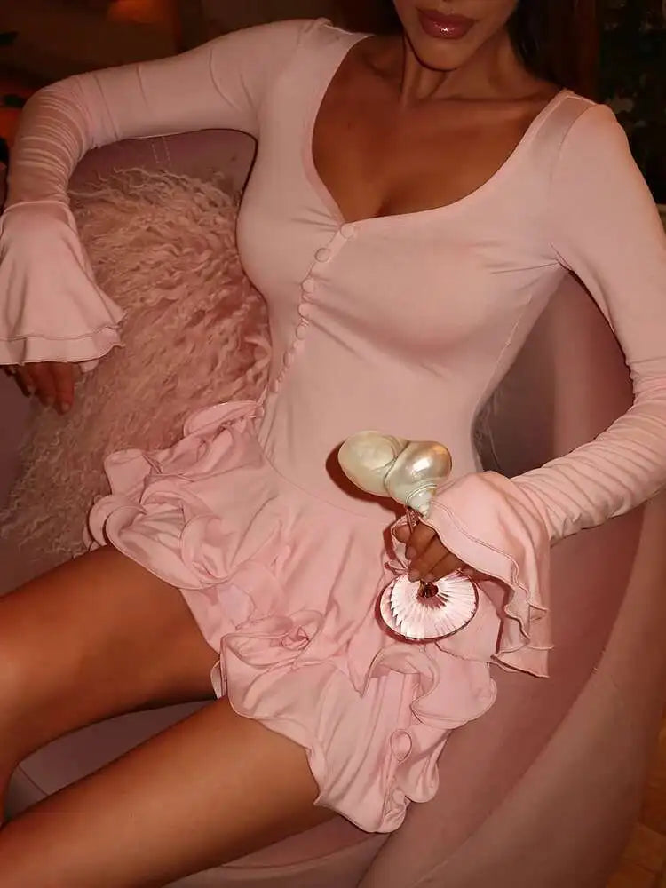 Amalea | Flare Sleeve Ruffle Sexy V Neck Mini Dress