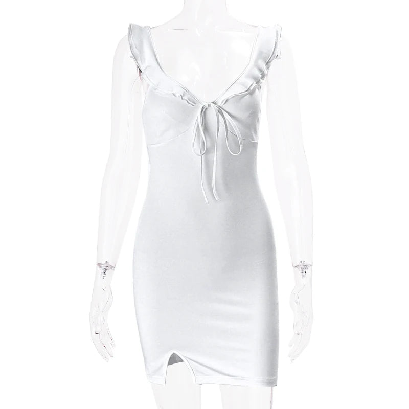 WhereMery Fashion Women Backless Sleeveless V-Neck Dress Elegant Ruffle Split Mini Summer 2024 Slim Party Clubwear Sexy Vestidos - TrendHavenCo