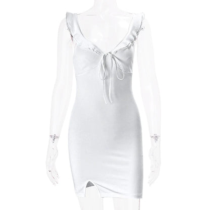WhereMery Fashion Women Backless Sleeveless V-Neck Dress Elegant Ruffle Split Mini Summer 2024 Slim Party Clubwear Sexy Vestidos - TrendHavenCo